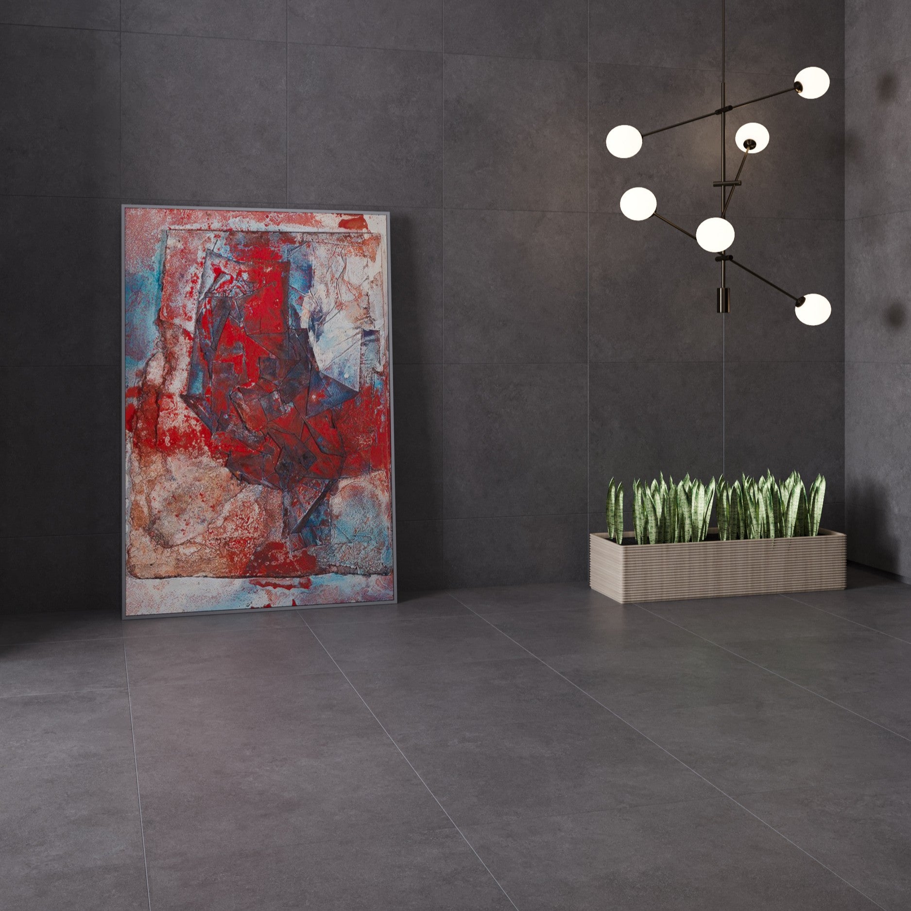 Abstract painting in a modern interior setting with a plant and light fixture. Dark grey floor and wall tile