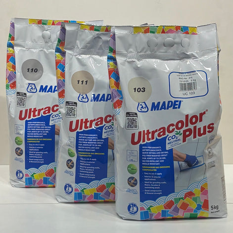 Three packages of Mapei Ultracolor Plus on a white background